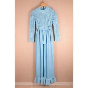 TRUE Vintage 1960s Handmade Blue Lace Prairie Maxi Dress Mock Neck Pleated XS